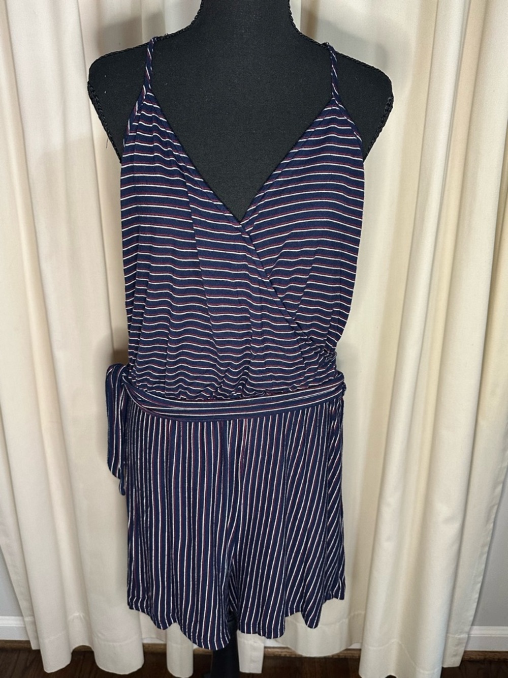 Navy, Red &White Striped Sleeveless Wrap Romper